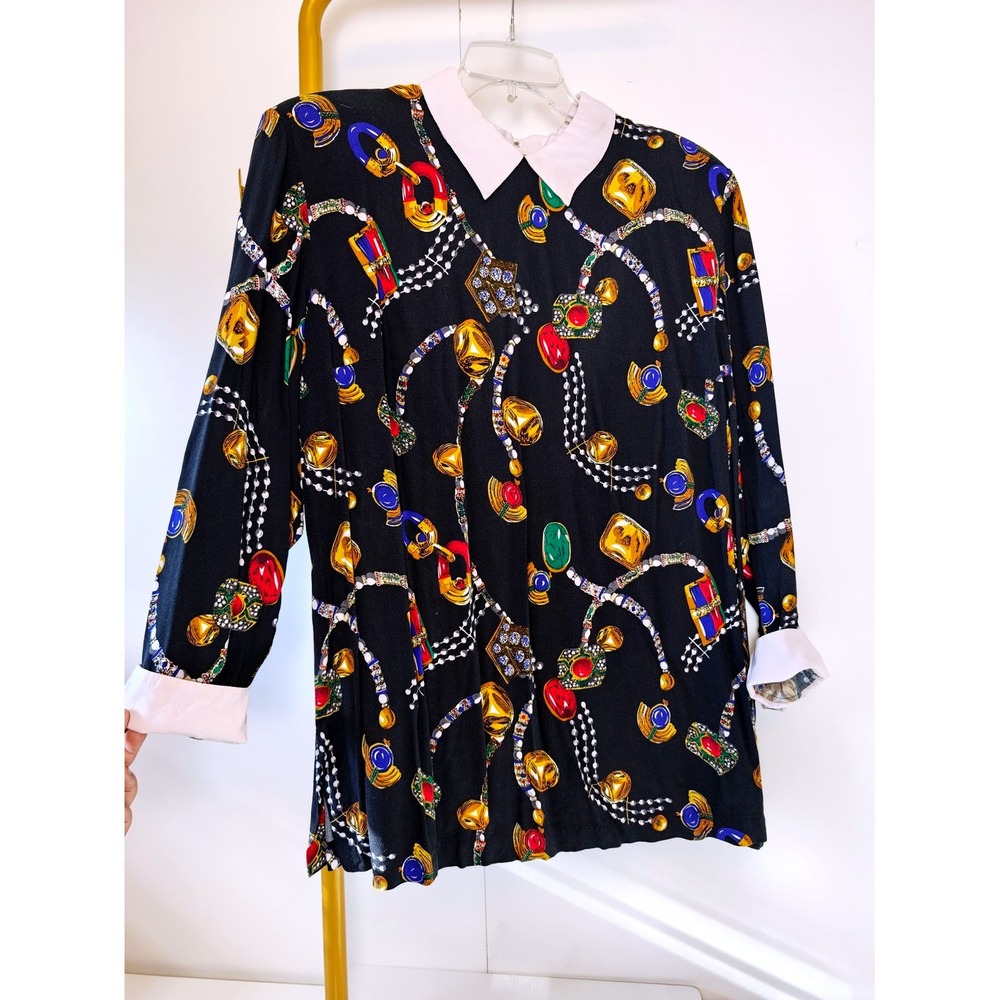 Equestrian Vintage 80s Jewel Chain Print Blouse Navy White Collar Size XL Pads